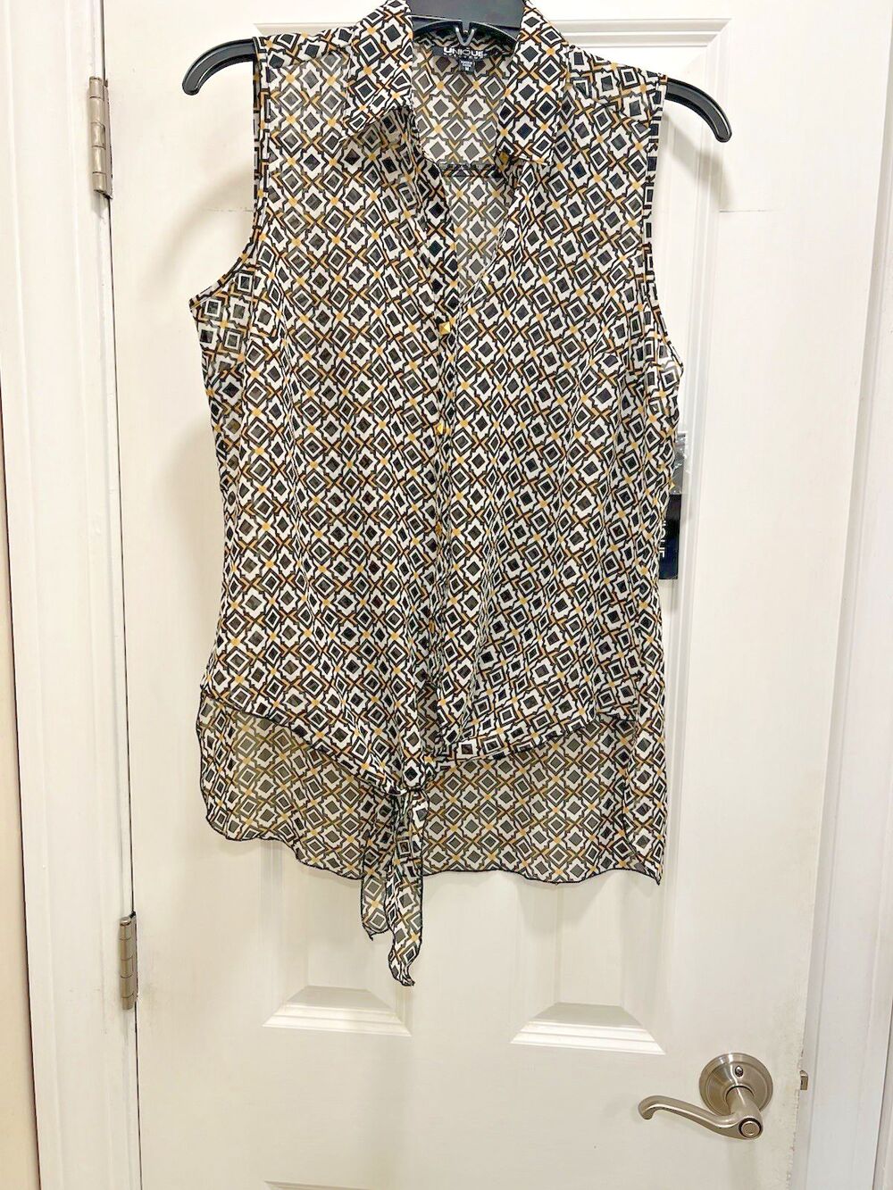 Unique Spectrum Semi-Sheer Sleeveless Button Front Yellow Black White Top Size M